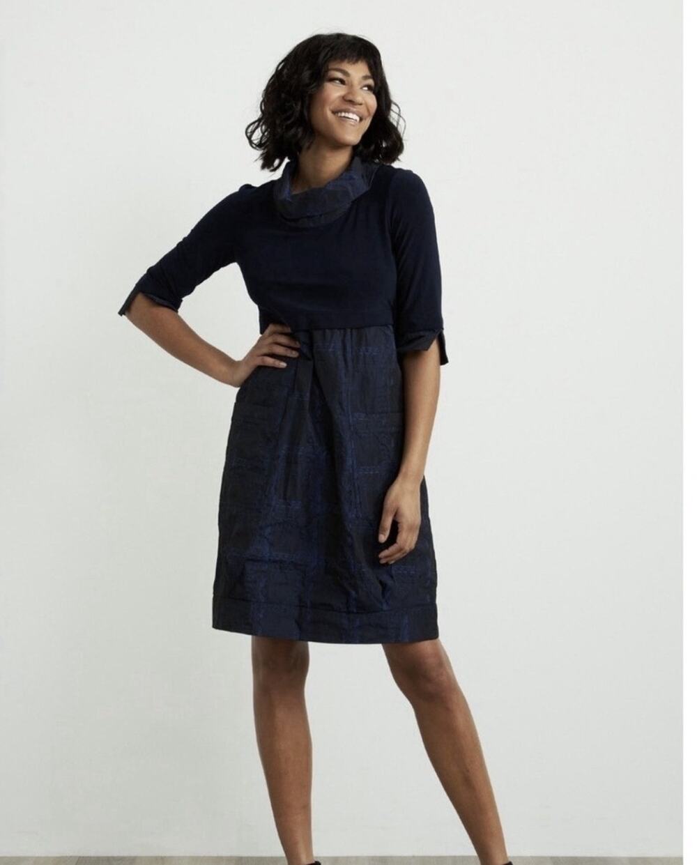 Joseph Ribkoff Dress Womens 10 Navy Blue Cowl Neck 3/4 Sleeve Cocoon Pockets
